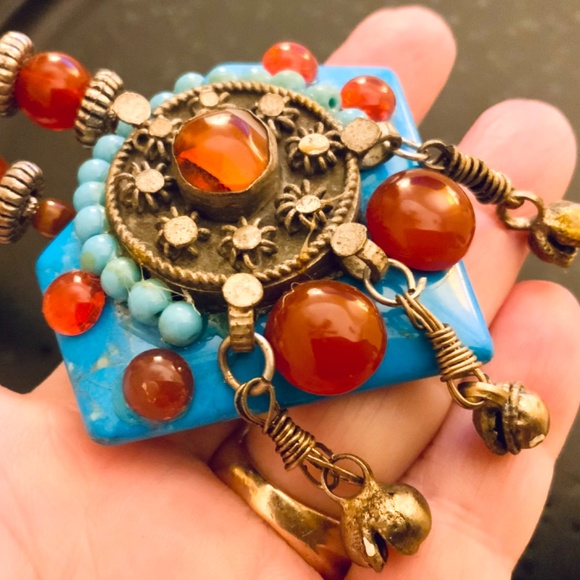 Handmade NECKLACE TURQ HOWLITE/CARNELIAN STONE UNIQUE VINTAGE AFGHAN Silver - Picture 8 of 16